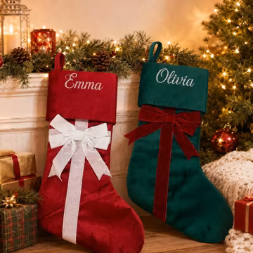 Personalized Velvet Christmas Stocking with Bow, Embroidered Name Stocking, Red or Green Holiday Decor