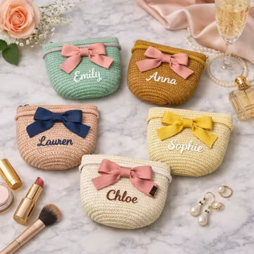 Personalized embroidered makeup pouch with custom name, adorable straw mini clutch, summer vacation crossbody bag
