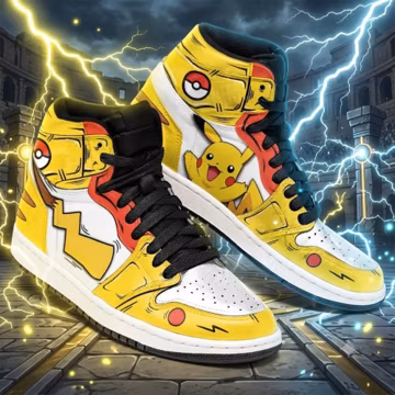 Cute Pikachu High Top Sneakers, Kawaii Pokemon Streetwear Shoes, Electric Mouse Cartoon Footwear, Gift for Gamer, Lightning Bolt Kicks