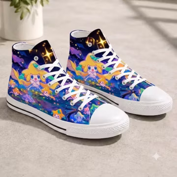Jirachi High Top Canvas Shoes, Galaxy Mythical Pokemon Sneaker, Holiday Night Anime Footwear, Cosmic Aesthetic Kicks, Cute Gaming Fan Gift