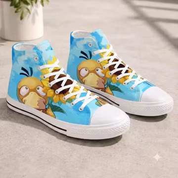 Psyduck Sunflower High Top Sneakers, Kawaii Pokemon Canvas Shoes, Cute Yellow Anime Footwear, Gamer Gift, Back to School Student Shoes