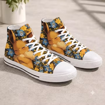 Sleeping Eevee High Top Shoes, Cute Floral Pokemon Sneaker, Unique Anime Footwear, Kawaii Cottagecore Kicks, Anime Gaming Fan Gift