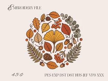 Autumn Leaves Wreath Embroidery Design, Fall Nature Machine Embroidery File