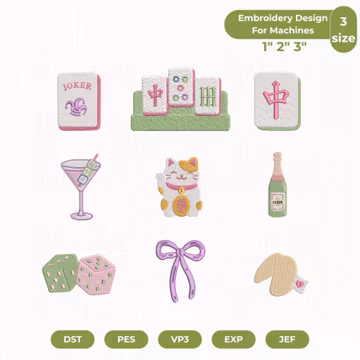Mahjong Embroidery Mini Design Bundle, Mahjong Tile Machine Embroidery, Lucky Cat Dice Joker Fortune Cookie PES, Instant Download