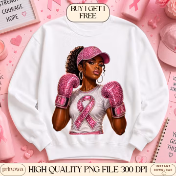 Breast Cancer Fighter PNG | Rhinestone Glam Pink Ribbon Boxing Gloves | Black Woman Breast Cancer Awareness Shirt Graphic | Digital Download