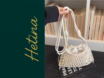 Cotton Macrame Shoulder Bag with Drawstring Lining Boho Woven Handbag