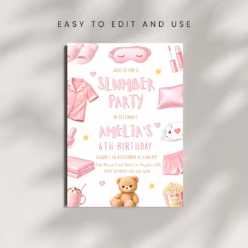 Editable Pink Pajama Slumber Party Invitation | Sleepover Birthday Invite | Girls Just Wanna Have Fun Birthday | Spa Tween Teen Canva Card