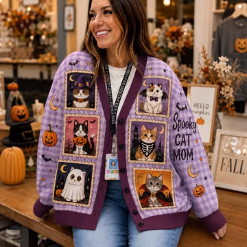 Cardigan Sweater Plaid Knit Spooky Pet Mom Graphic Halloween Print