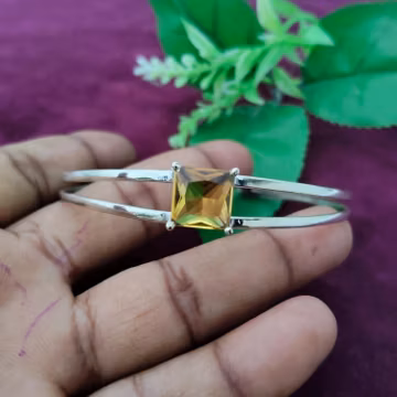 Sterling Silver Citrine Cuff Bracelet, Princess Cut Gemstone Bangle, Boho Jewelry