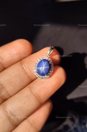 Blue Star Sapphire Pendant Statement 925 Sterling Silver Pendant Necklace For Women