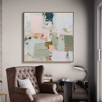 Hand Painted Textured Abstract Wall Art, Sage Green And Blush Impasto Canvas With Cream And Red Accents,Modern Minimal Color Block Painting