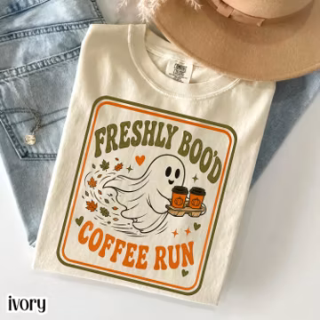 Freshly Boo'd Coffee Lover Shirt, Vintage Halloween Ghost Moth Tee, Spooky Season Coffee Gift, Retro Halloween Coffee Graphic Tee Gift