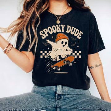 Spooky Dude Shirt, Retro Groovy Hippie Halloween Ghost Skateboard Tee, Toddler Kids Halloween Gift, Ghost Graphic Tee Gift Kids