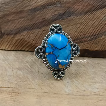 Blue Copper Turquoise Ring | Ornate Sterling Silver Oval Boho Ring