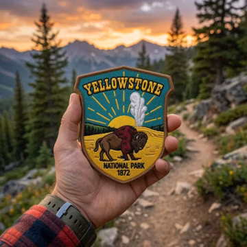 Vintage Yellowstone National Park Embroidered Patch, Retro Bison Geyser Shield Iron On Badge, Outdoor Hiking Souvenir Backpack Label