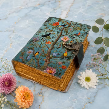 Grimoire Birds & Flower Leather Journal - Floral Vintage Notebook | Key Handmade Diary | Engraved Journal Gift for Writers and Nature Lovers