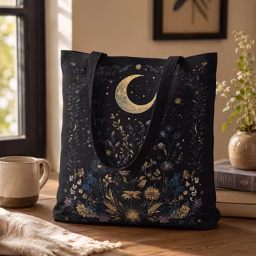 Crescent Moon Mosaic Tote | Night Sky Pixel Art Woven Tote