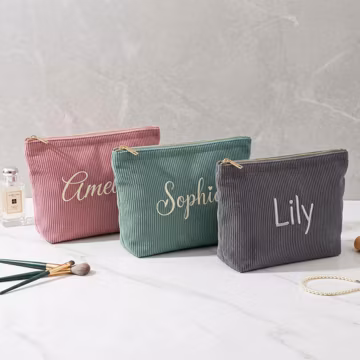 Personalized Corduroy Makeup Bag with Embroidered Name – Bridesmaid Gift, Wedding Party Favor, Bachelorette Gift, Custom Cosmetic Pouch