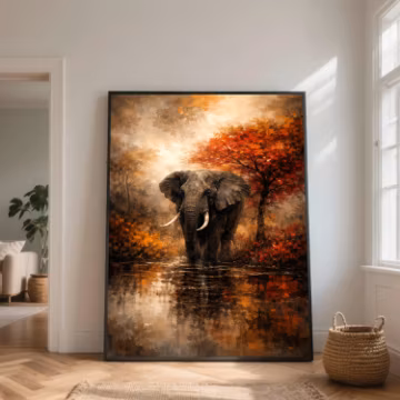Majestic Elephant Autumn Forest Canvas, Wildlife Reflection Painting, Rustic Nature Wall Art