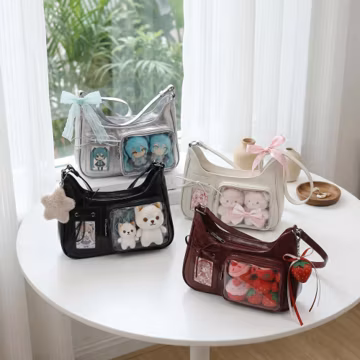 Kawaii PU Leather Ita Bag, Large Capacity Commuter Shoulder & Crossbody Bag with Clear Display Window for Pins