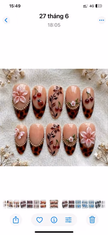 Cherry Tortoise Press On Nails, 3D Flower Nails, Floral Cherry Nails, Brown French Tip, Handmade Gel Nails, Almond Press On Nails