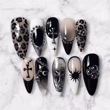 Gothic Cross Press On Nails, Black Leopard Chrome Nails, Silver Goth Handmade Nails, Long Almond Dark Coquette Fake Nails