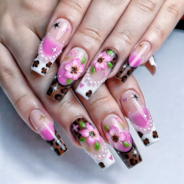 Pink Ombre Floral Press On Nails, Leopard French Tip Nails, 3D Flower Nails, Pearl Accent Nails, Long Square Nails, Handmade Acrylic Nails,