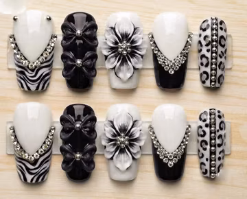 Black White Press On Nails, 3D Flower Bow Nails, Zebra Leopard French Tips, Luxury Handmade Gothic Glam Reusable Nails