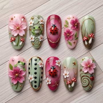 Cottagecore Frog & Ladybug Press On Nails - 3D Mushroom Floral Almond Nails - Whimsical Garden Nature Nail Set