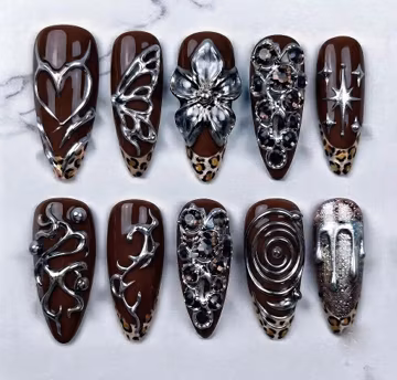 Chocolate Chrome Leopard Press On Nails, 3D Silver Floral Nails, Y2K Metallic Aura Nails, Brown Cat Eye Nails, Luxury Handmade Almond Nails,