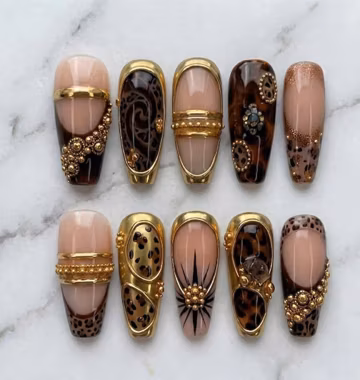 Luxury Leopard Gold Press On Nails, Brown French Tip Nails, Vintage Baroque Nail Set, 3D Gold Charm Nails, Handmade Glam Acrylic Nails
