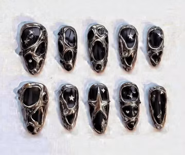 Black Chrome Press On Nails, Y2K Metallic Nails, Silver 3D Star Press On Nails, Cyber Goth Handmade Nails, Futuristic Reusable Nail Set