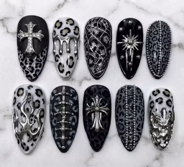 Black Gothic Leopard Cross Press On Nails | Silver Chrome 3D Nails | Punk Y2K Handmade Luxury Gothic Nails | Alternative Statement Nails