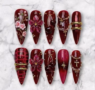 Burgundy Cherry Blossom Press On Nails | Handmade 3D Floral Gothic Nails | Chrome Red Stiletto Nails | Luxury Cross Nail Set