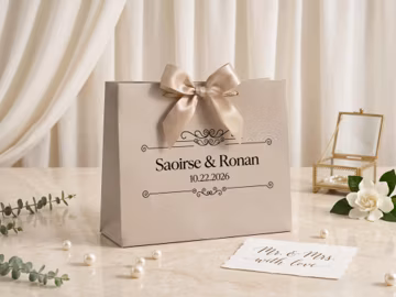 Personalized Vintage Frame Names Date Satin Bow Paper Bag, Custom Bride Groom Wedding Favor Treat Bag, Romantic Wedding Party Souvenir