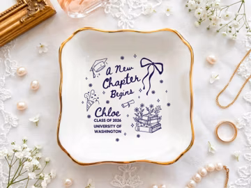 Custom Name School Year Ceramic Ring Dish, A New Chapter Gold Rim Jewelry Tray, Back To School & Graduation Gift For Her