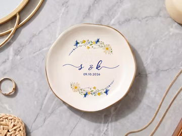 Custom Couple Initials Date Floral Ceramic Ring Dish, Gold Rim Heart Square Jewelry Tray, Wedding Engagement Gift For Her