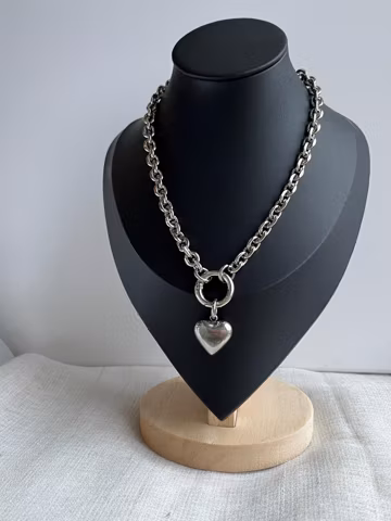Heart Necklace Choker, Chunky Necklace, Stainless Steel, Heart Pendant, O Ring Necklace, Silver Heart Clip, Grunge Necklace, Alt Necklace