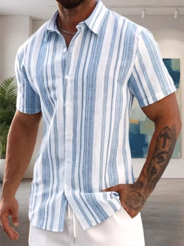 Men's Cotton Striped Button-Up Shirt – Lightweight Short Sleeve Summer Beach & Resort Shirt
