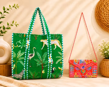 Women's Quilted Cotton Tote Bag With Embroidered Clutch, Boho Handbag Set Set Of 2 Pc