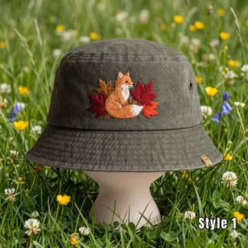 Hand Embroidered Fox Bucket Hat, Woodland Animal Cotton Sun Hat, Cottagecore Forest Fisherman Cap, Nature Inspired Gift