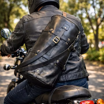 Handcrafted full grain black motorcycle duffle bag,cowhide weekender travel bag