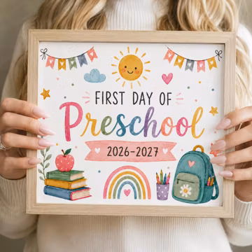 First Day of Preschool Sign Printable, First Day of School Sign 2026-2027, Preschool Milestone Poster, 10x8 & 14x11, Instant Download