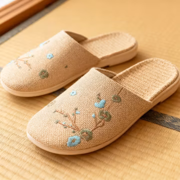 Handmade Japanese Linen House Slippers for Women with Embroidered Cotton Design, Breathable Indoor Slippers for Home or Spa