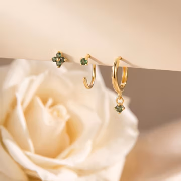925 Sterling Silver Green CZ Ear Stack Set, Minimalist Huggie Hoop Floral Stud Earrings, Dainty Jewelry Gift For Her