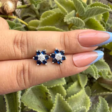 Blue Sapphire & Moissanite Floral Stud Earrings | 925 Sterling Silver | Elegant Minimal Jewellery