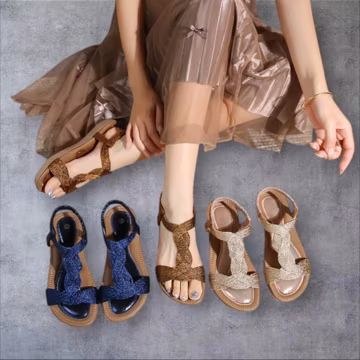Woven Metallic Flat Sandals, Braided Straps, Elastic Ankle Band, Open Toe Summer Shoes