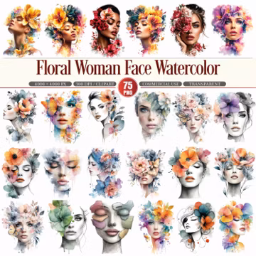Floral Woman Face Watercolor Clipart Bundle PNG