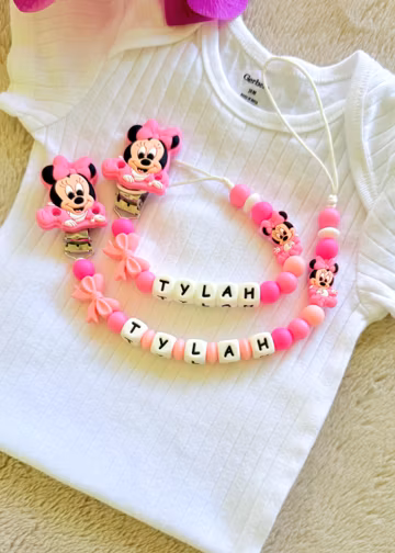 Custom Minnie Mouse Pacifier Clip, Personalized Name Baby Holder, Baby Shower Gift for Girls