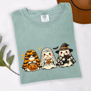 Cute Patterned Ghost Shirt, Bat Spiderweb Skull Halloween Tee, Black Cat Comfort Colors® Sweatshirt
